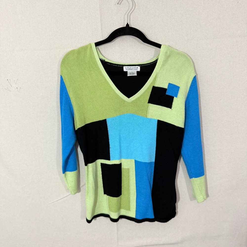 Uniform John Paul Richard Women Medium Colorblock Geometric V-Neck Knit Top Blue